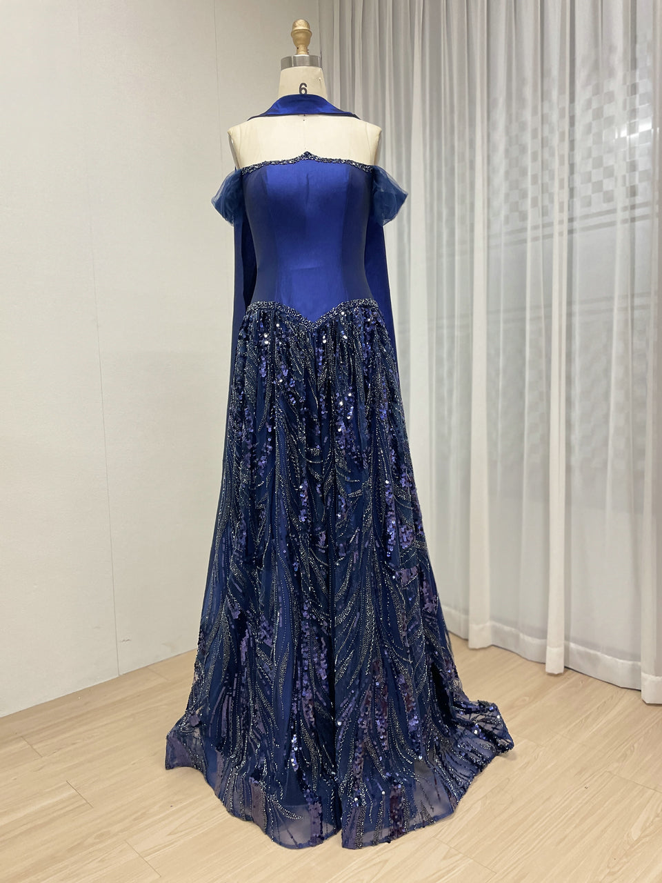 Navy Blue Princess Style Tulle Evening Dress with Shawl Collar MY30201