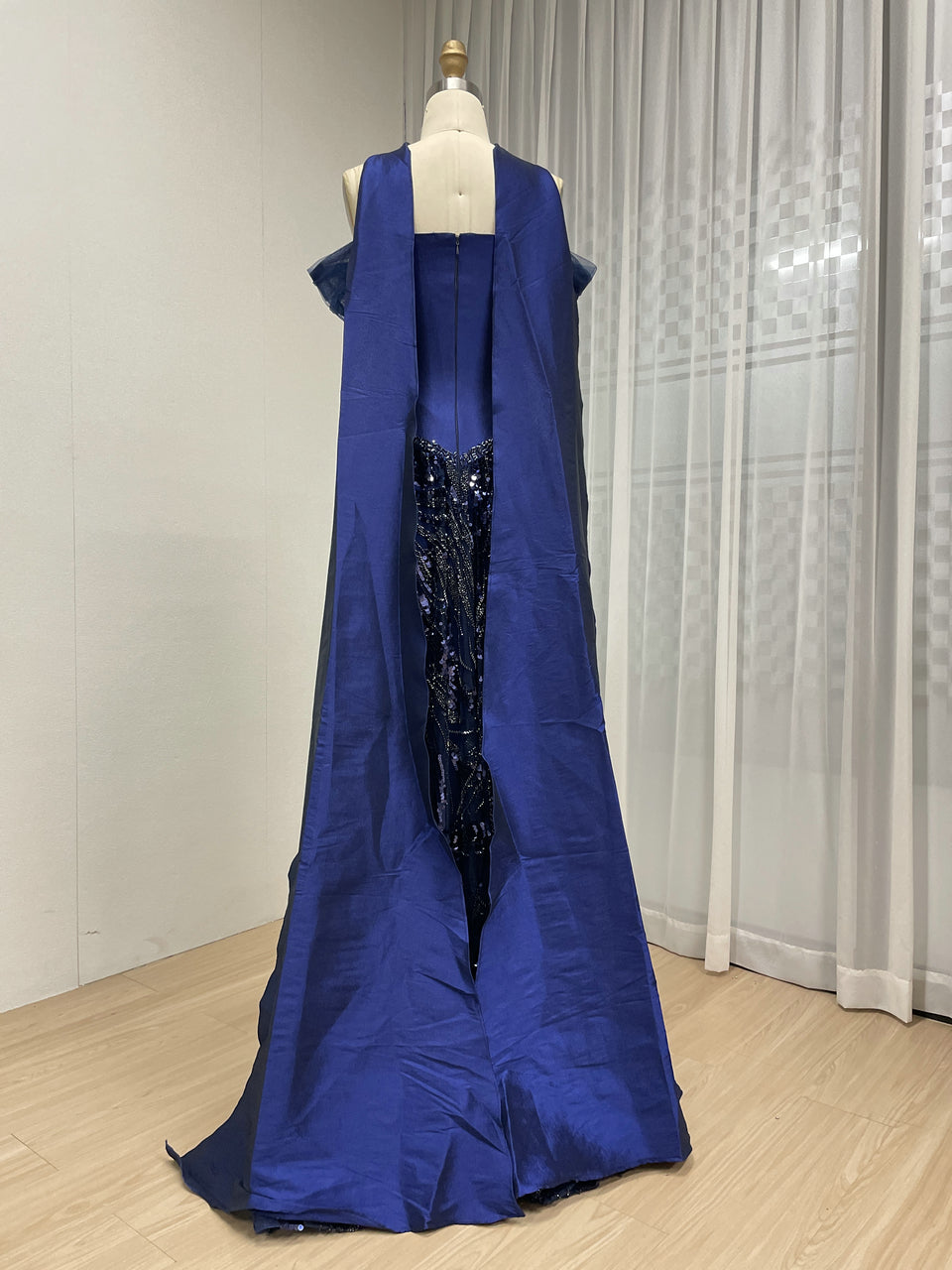 Navy Blue Princess Style Tulle Evening Dress with Shawl Collar MY30201
