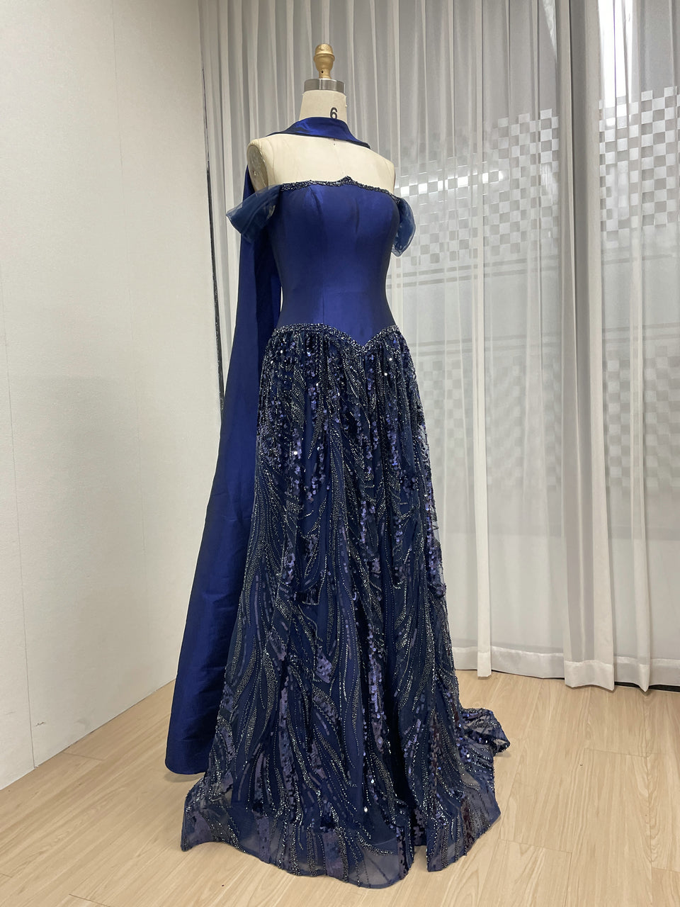 Navy Blue Princess Style Tulle Evening Dress with Shawl Collar MY30201