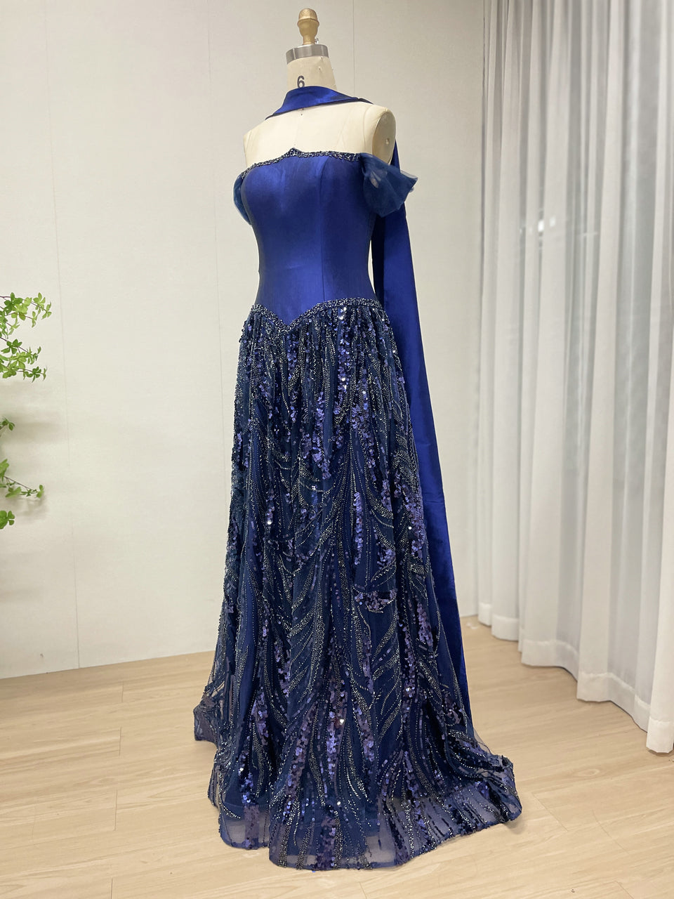 Navy Blue Princess Style Tulle Evening Dress with Shawl Collar MY30201