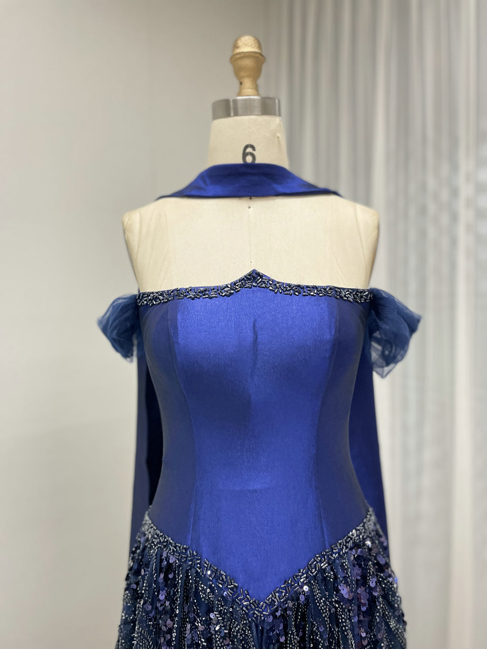 Navy Blue Princess Style Tulle Evening Dress with Shawl Collar MY30201