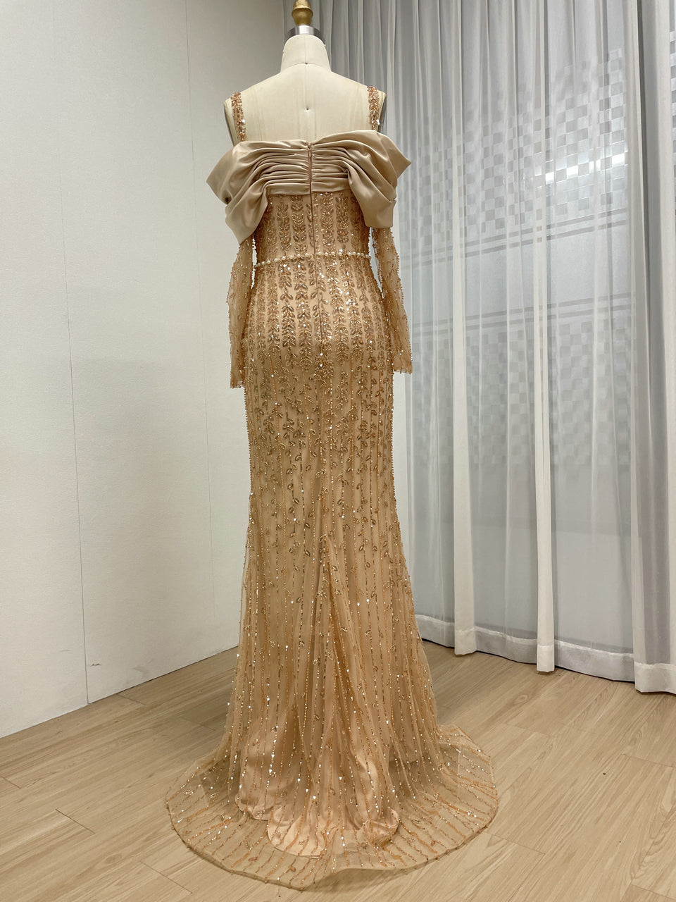 Elegant Black Beaded Off-the-Shoulder High Slit Mermaid Evening Gown with Long Sheer Sleeves MY30202