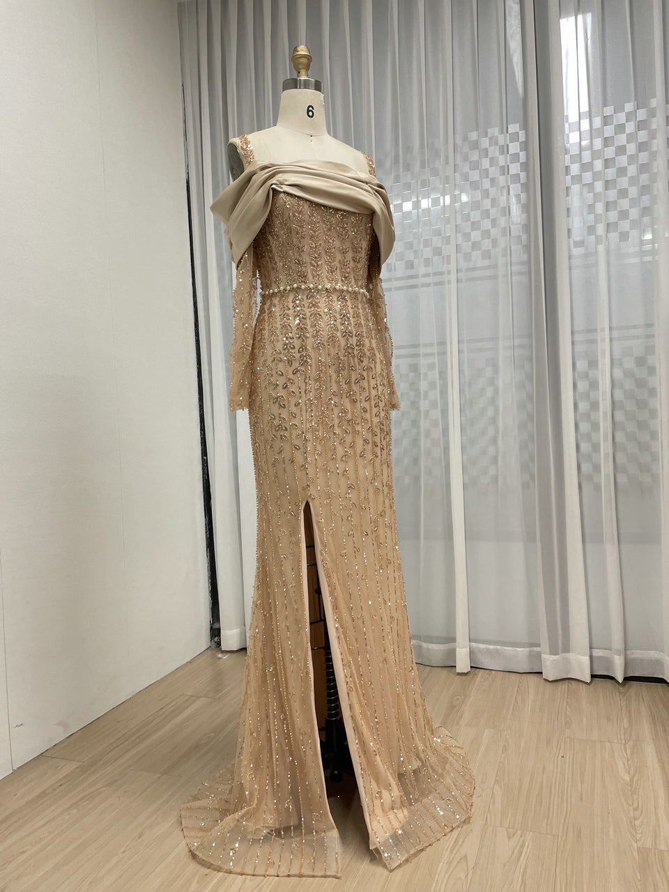 Champagne Gold Off-Shoulder Mermaid Gown with Thigh Slit MY30202
