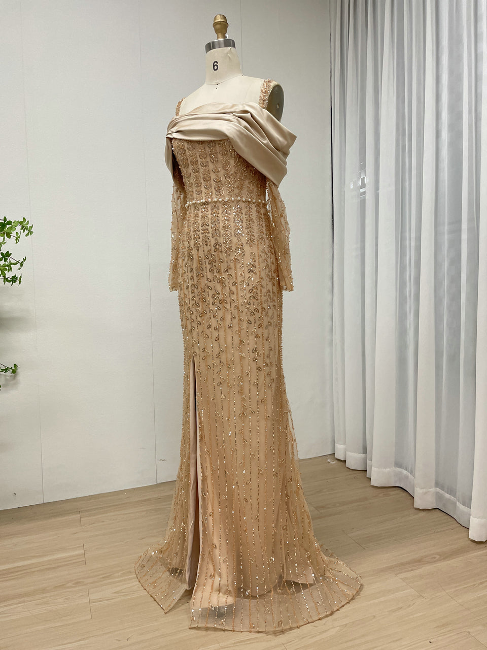 Champagne Gold Off-Shoulder Mermaid Gown with Thigh Slit MY30202