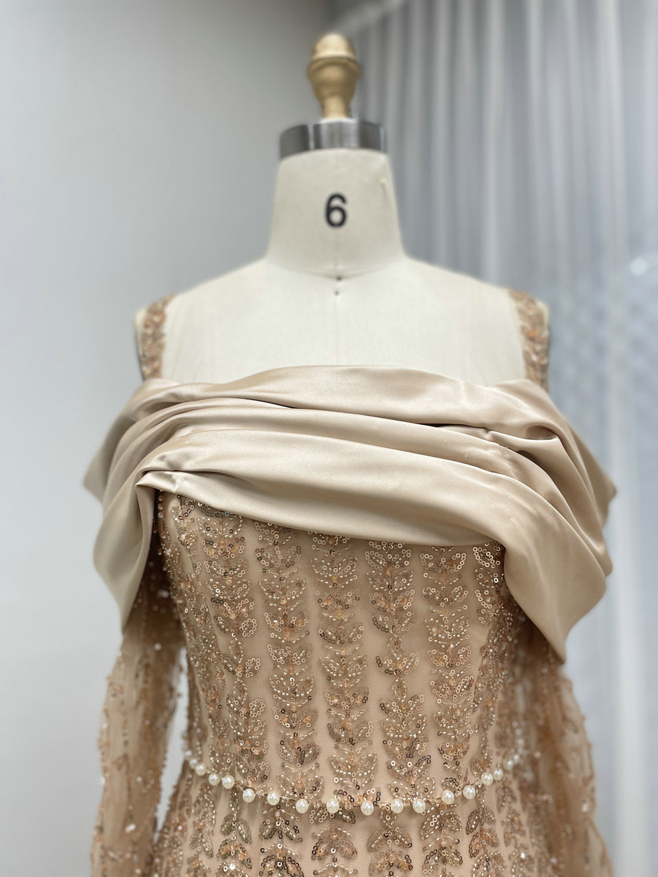 Champagne Gold Off-Shoulder Mermaid Gown with Thigh Slit MY30202