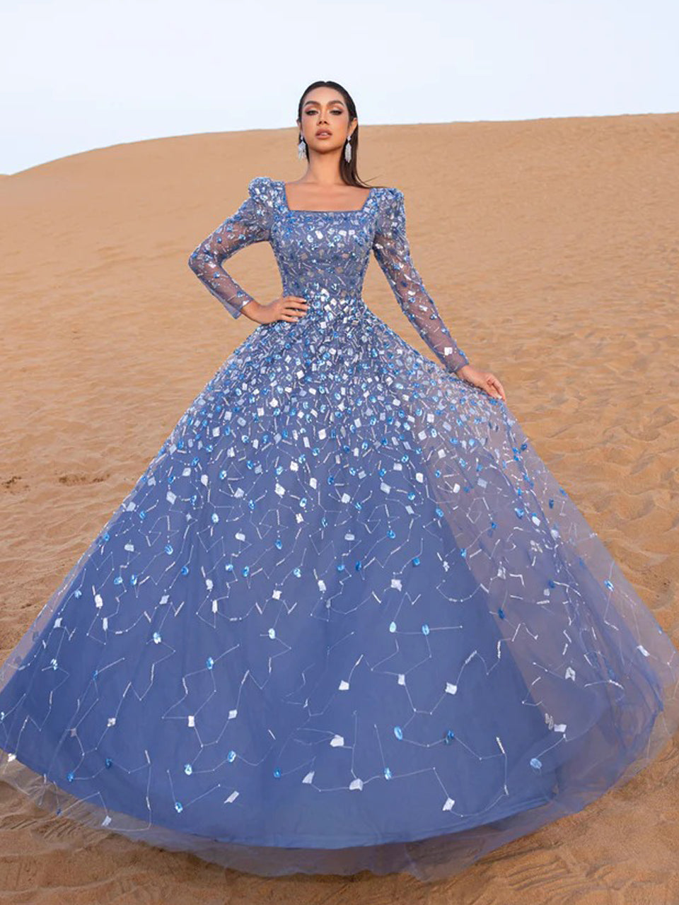 Dusty Blue Long Sleeve A-Line Formal Gown with Scattered Beads MY30203   DESIRE DRESS