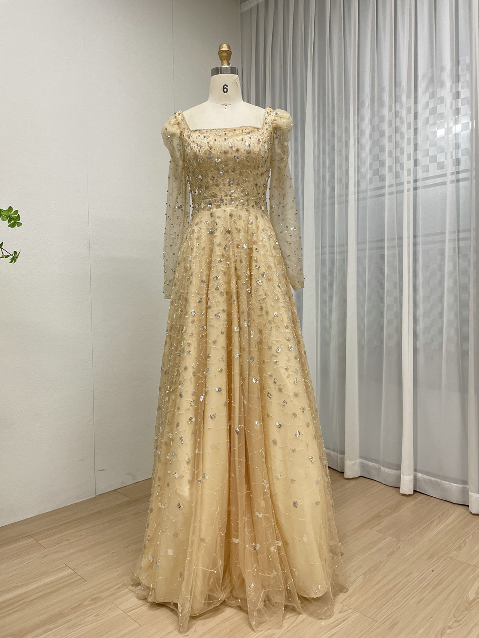 Dusty Blue Long Sleeve A-Line Formal Gown with Scattered Beads MY30203