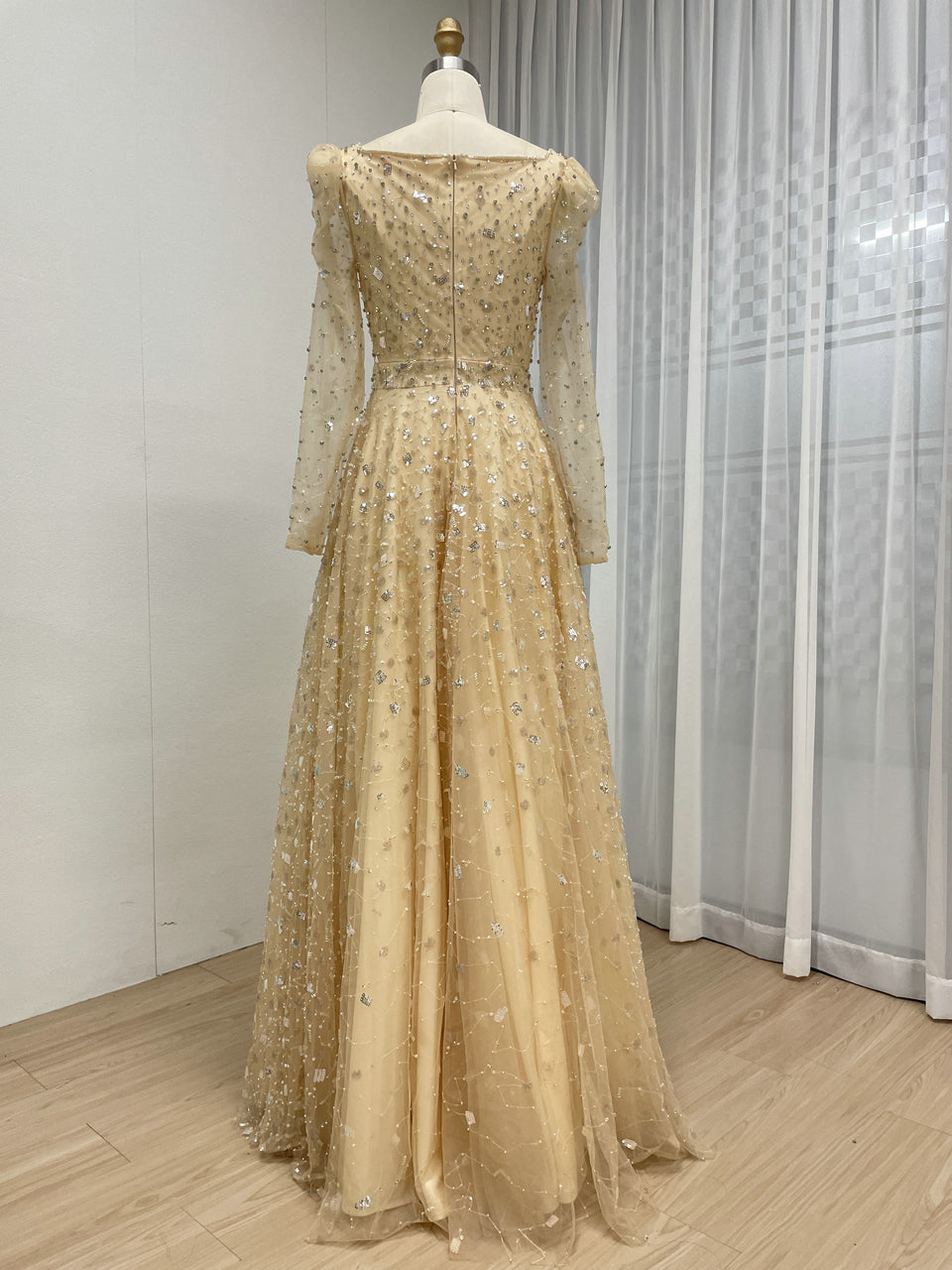 Dusty Blue Long Sleeve A-Line Formal Gown with Scattered Beads MY30203