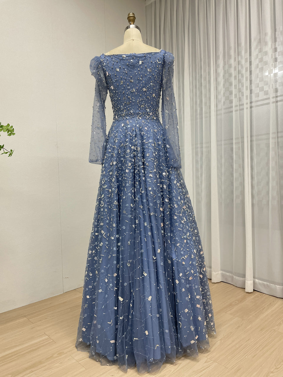 Dusty Blue Long Sleeve A-Line Formal Gown with Scattered Beads MY30203