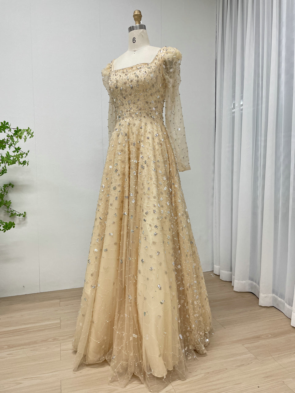 Dusty Blue Long Sleeve A-Line Formal Gown with Scattered Beads MY30203