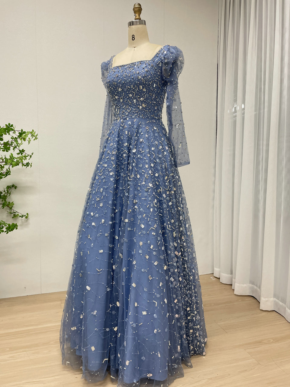 Dusty Blue Long Sleeve A-Line Formal Gown with Scattered Beads MY30203