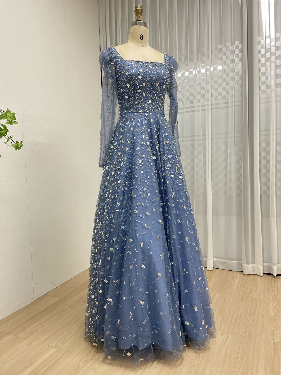 Dusty Blue Long Sleeve A-Line Formal Gown with Scattered Beads MY30203