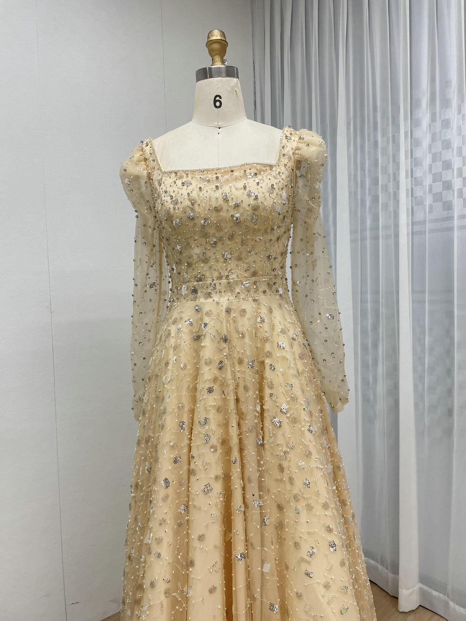 Dusty Blue Long Sleeve A-Line Formal Gown with Scattered Beads MY30203