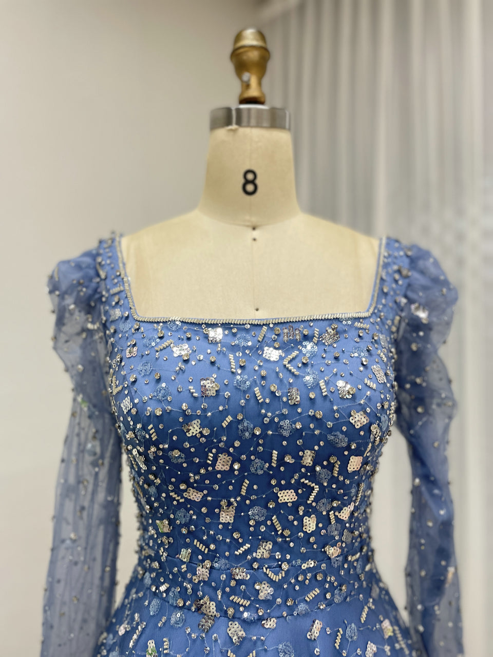 Dusty Blue Long Sleeve A-Line Formal Gown with Scattered Beads MY30203