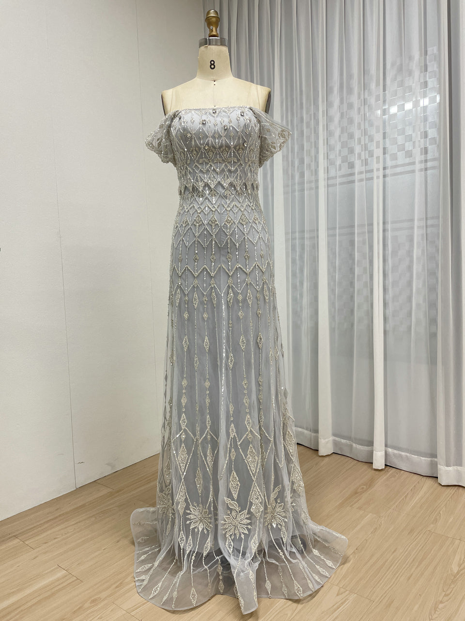 Vintage Style Light Gray Embroidered Off-Shoulder Prom Dress MY30204