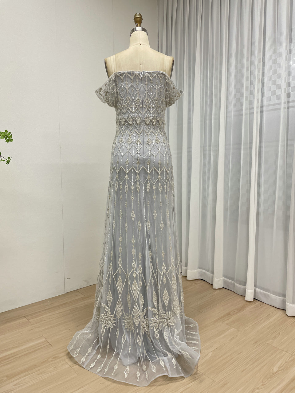 Vintage Style Light Gray Embroidered Off-Shoulder Prom Dress MY30204