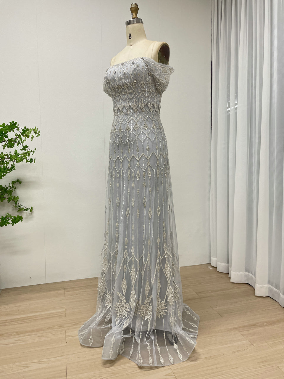 Vintage Style Light Gray Embroidered Off-Shoulder Prom Dress MY30204