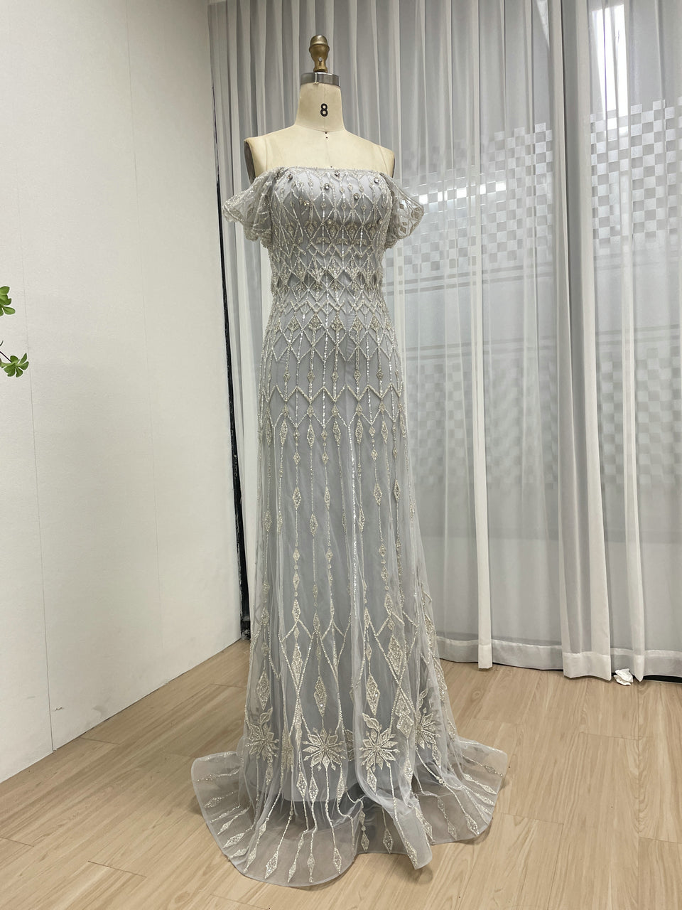 Vintage Style Light Gray Embroidered Off-Shoulder Prom Dress MY30204