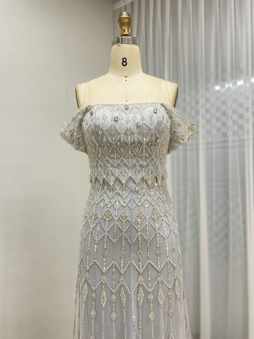 Vintage Style Light Gray Embroidered Off-Shoulder Prom Dress MY30204
