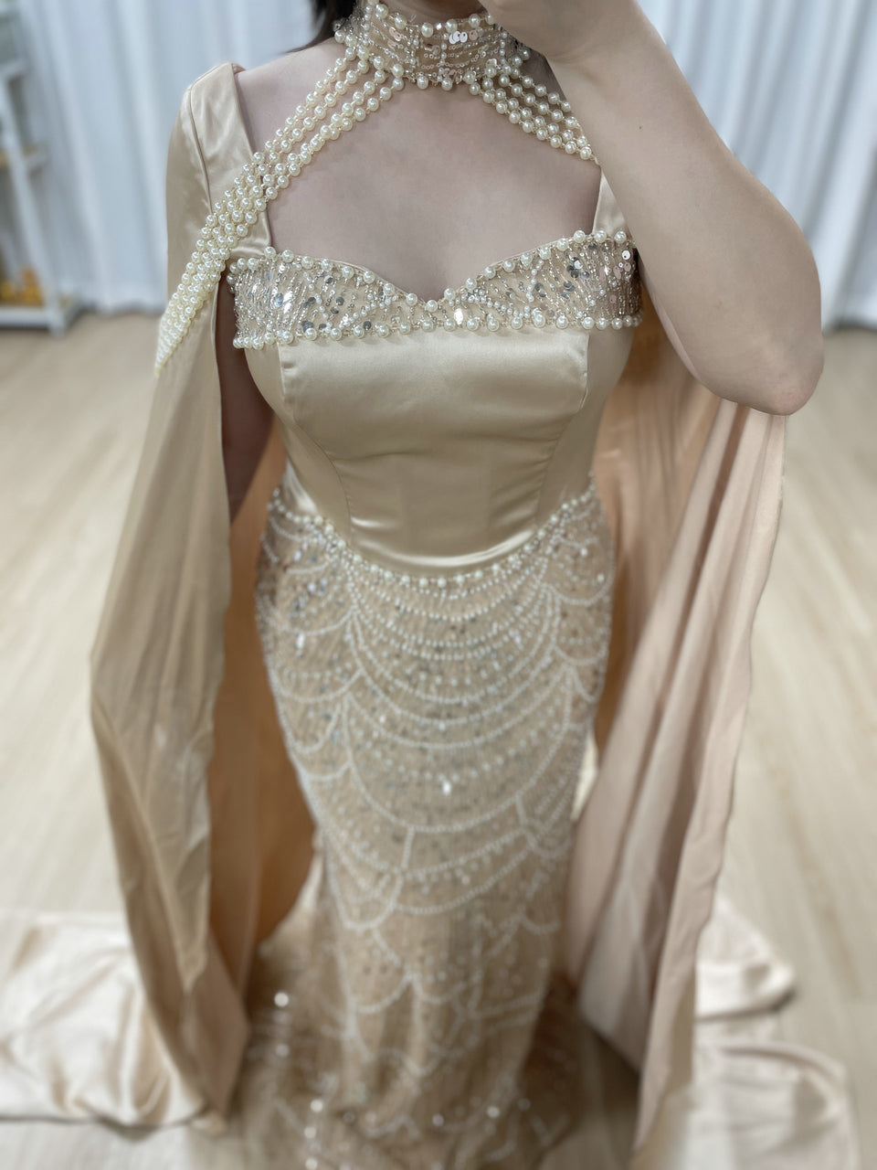 Luxury Pearl Beaded Champagne Gown with Satin Train Cape MY30205
