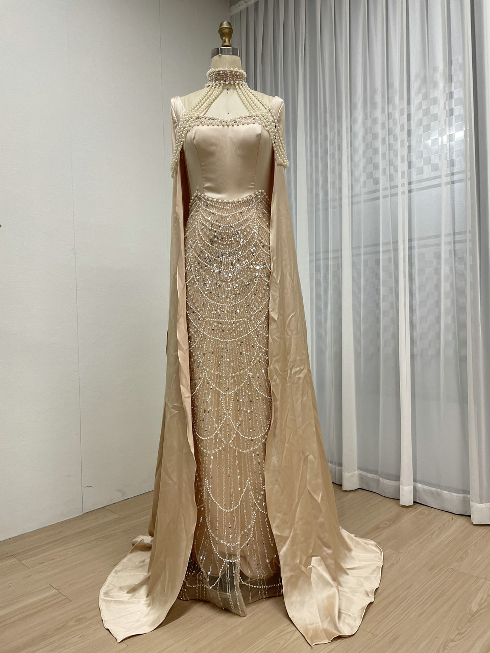 Luxury Pearl Beaded Champagne Gown with Satin Train Cape MY30205