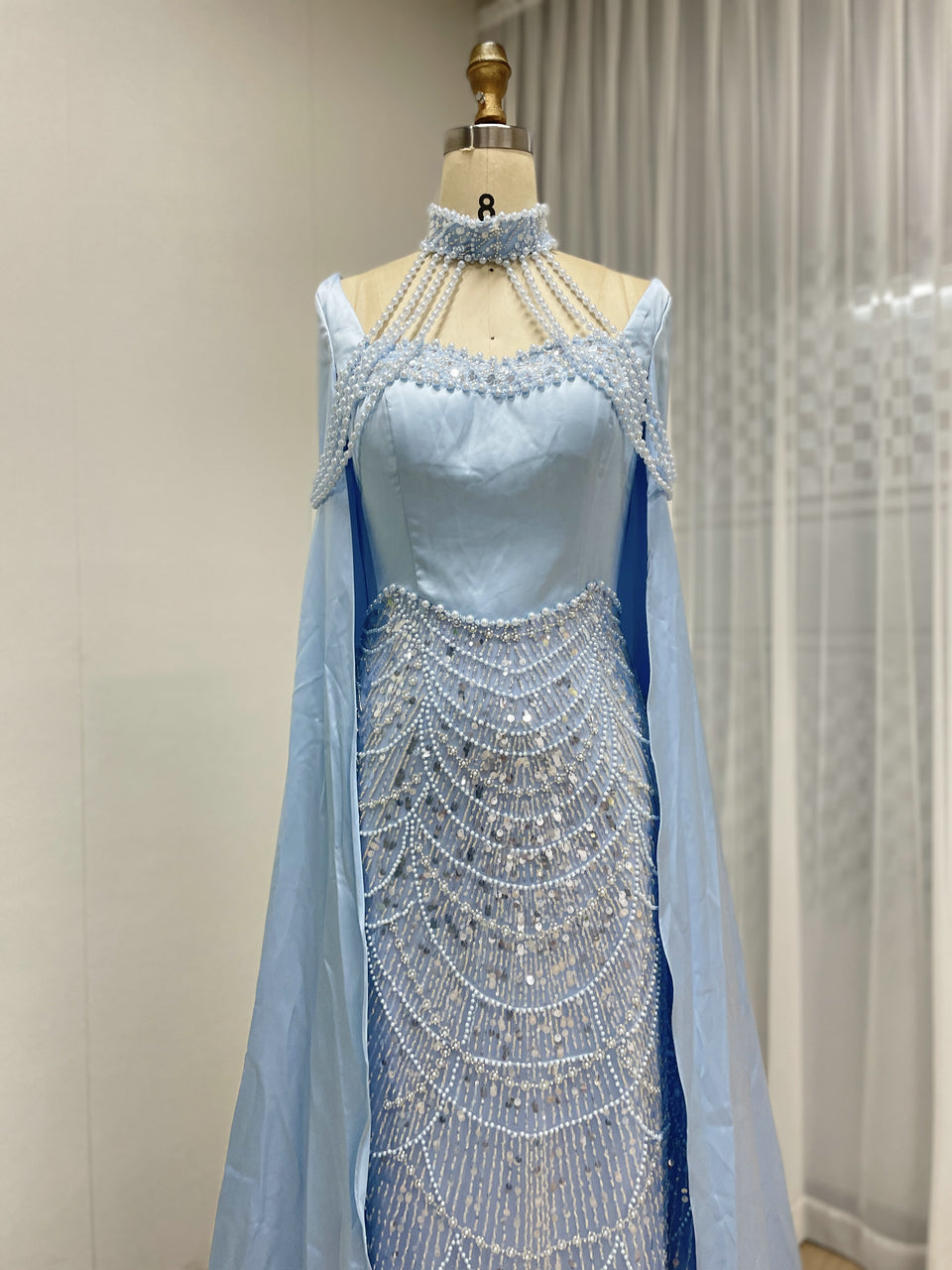 Luxury Pearl Beaded Champagne Gown with Satin Train Cape MY30205