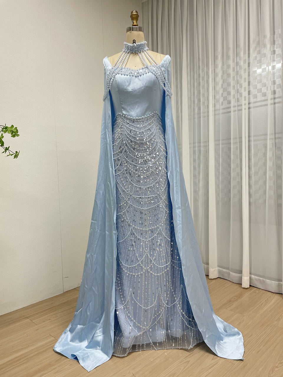 Luxury Pearl Beaded Champagne Gown with Satin Train Cape MY30205