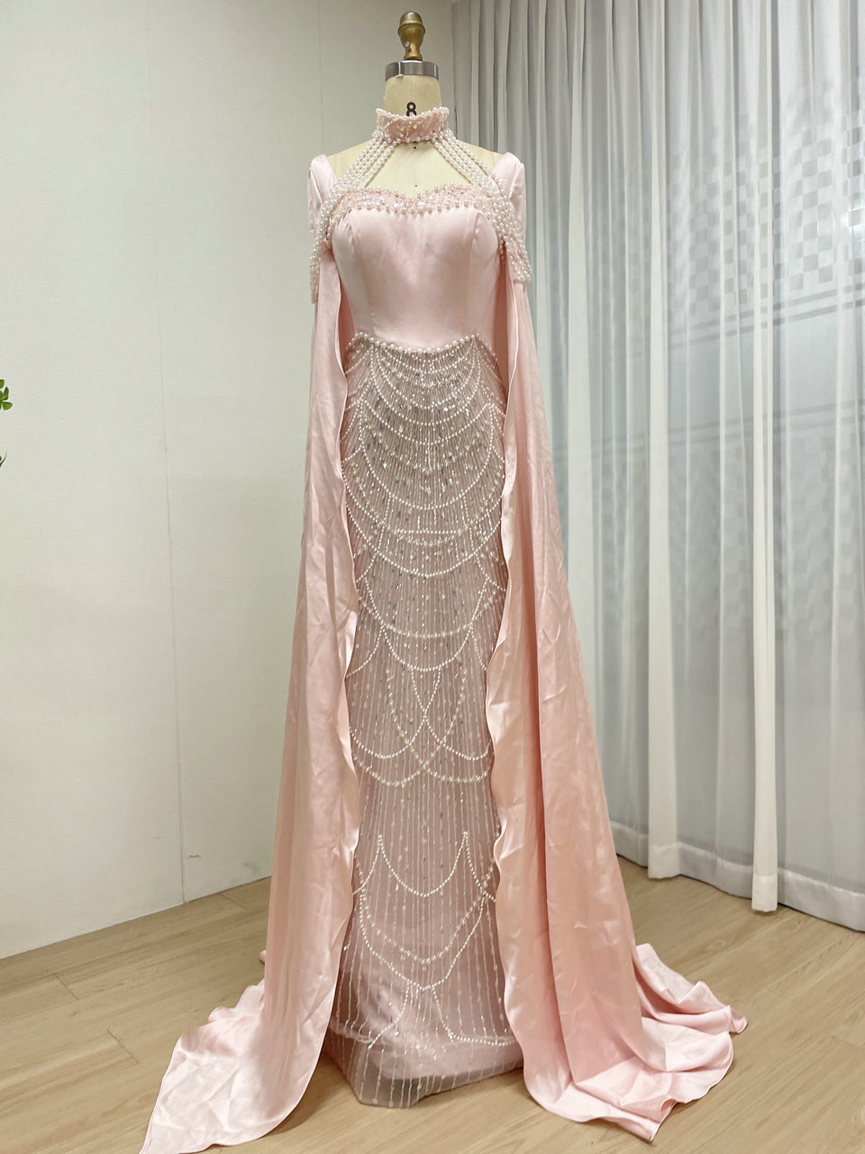Luxury Pearl Beaded Champagne Gown with Satin Train Cape MY30205