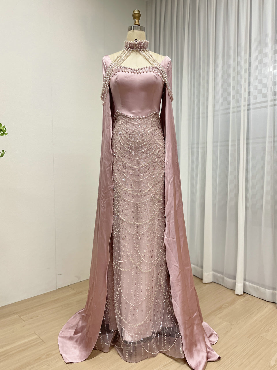 Luxury Pearl Beaded Champagne Gown with Satin Train Cape MY30205