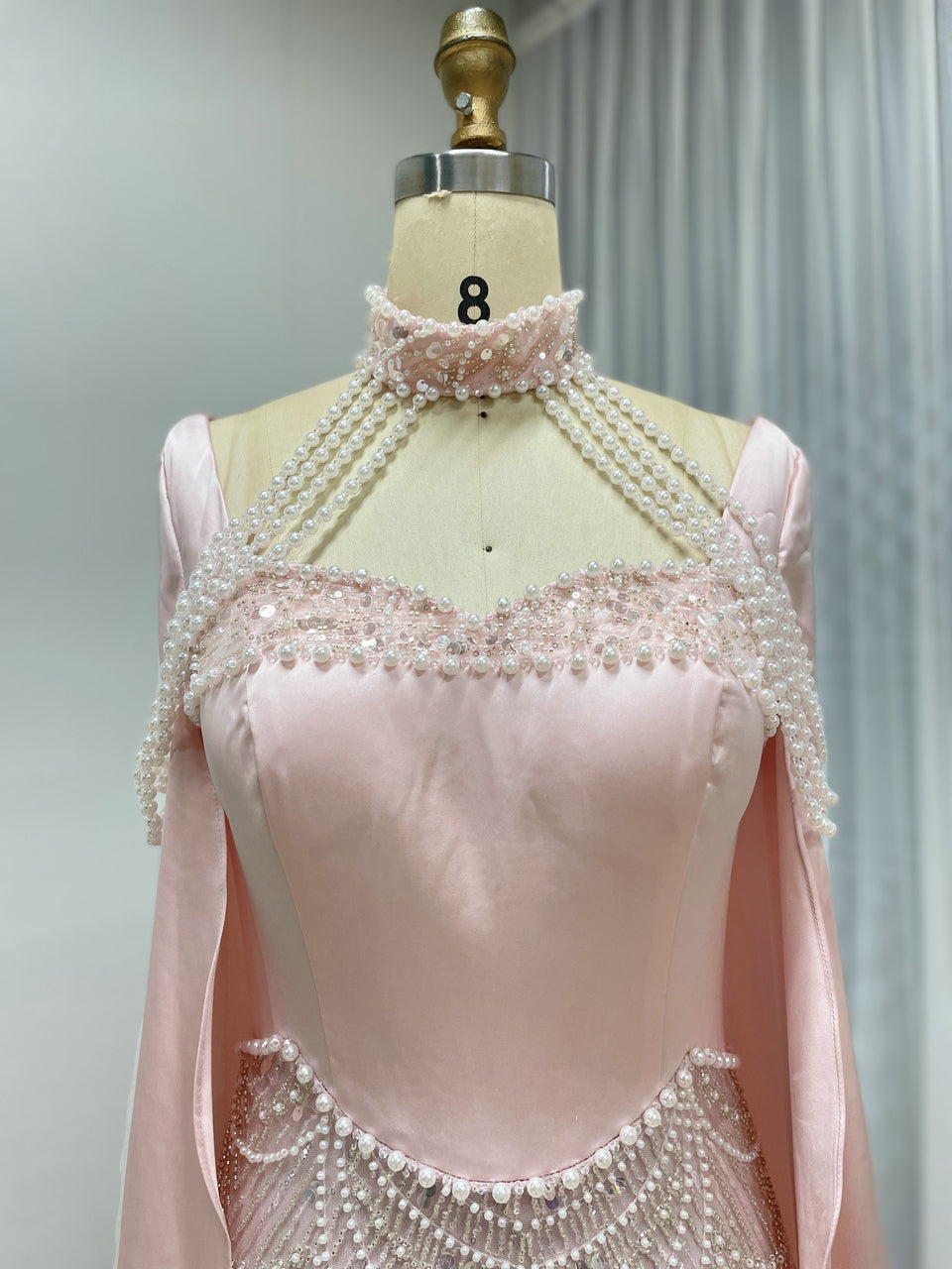 Luxury Pearl Beaded Champagne Gown with Satin Train Cape MY30205