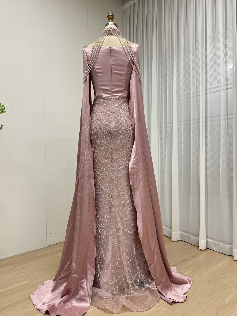 Luxury Pearl Beaded Champagne Gown with Satin Train Cape MY30205