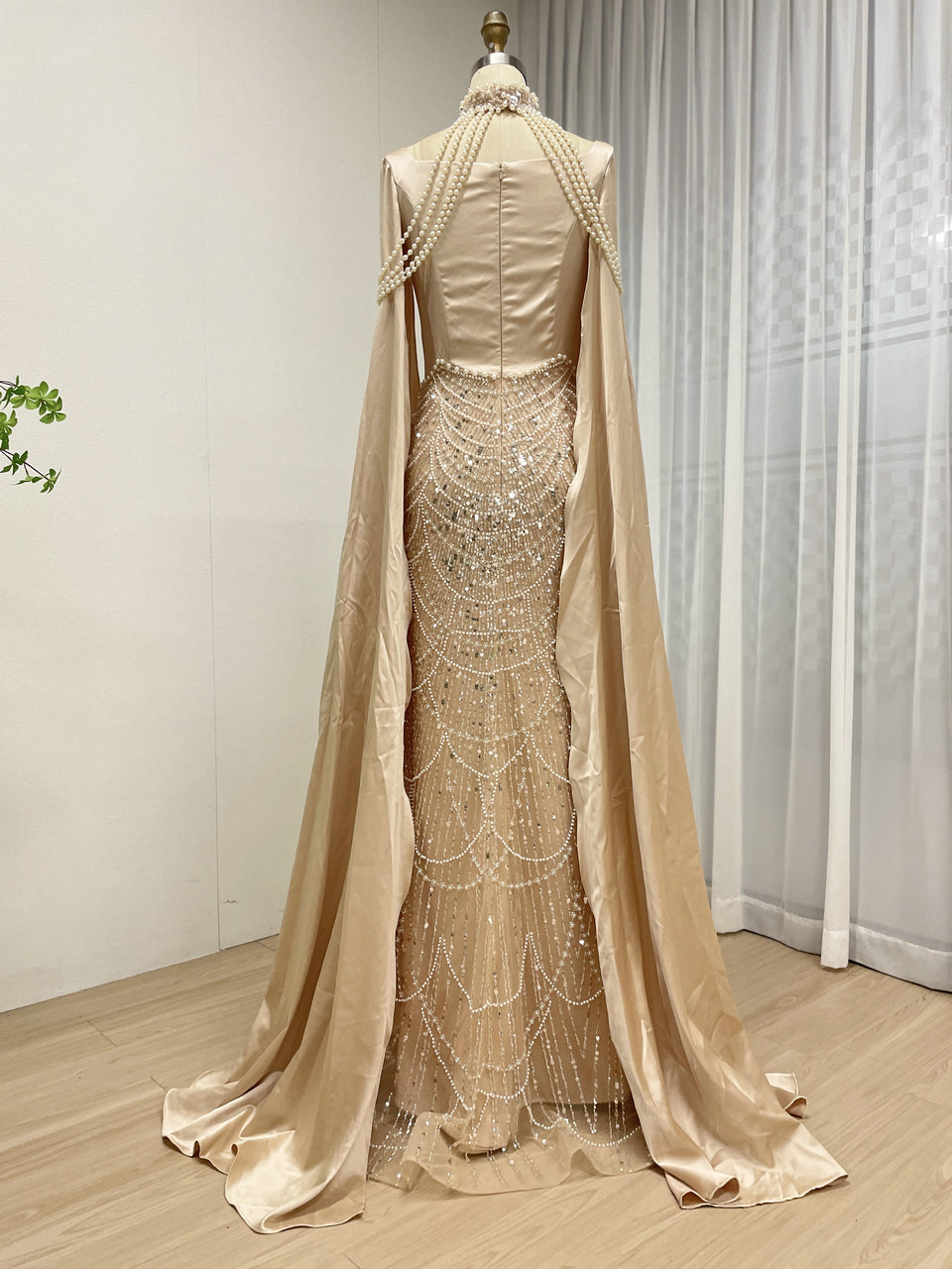Luxury Pearl Beaded Champagne Gown with Satin Train Cape MY30205