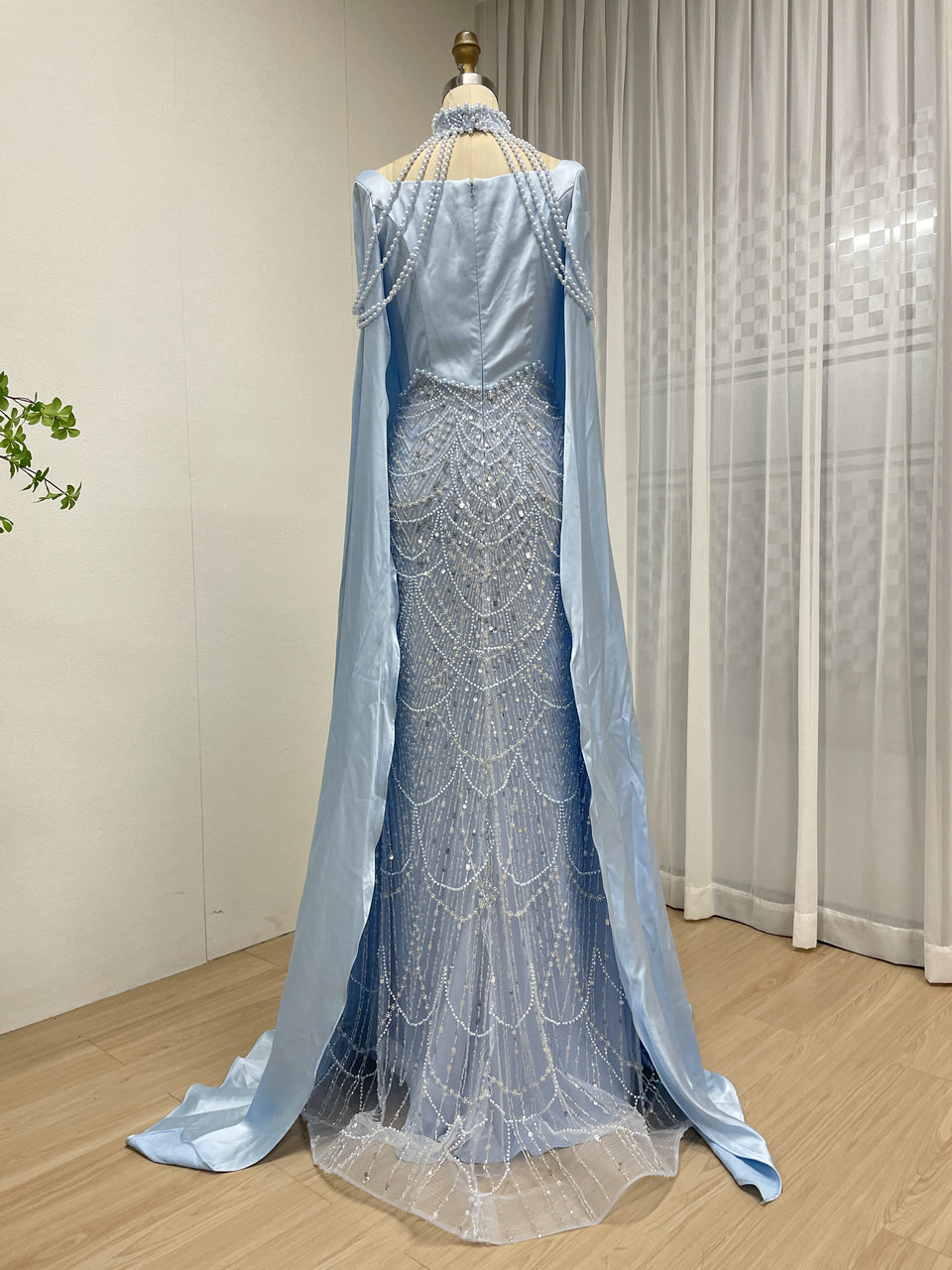 Luxury Pearl Beaded Champagne Gown with Satin Train Cape MY30205