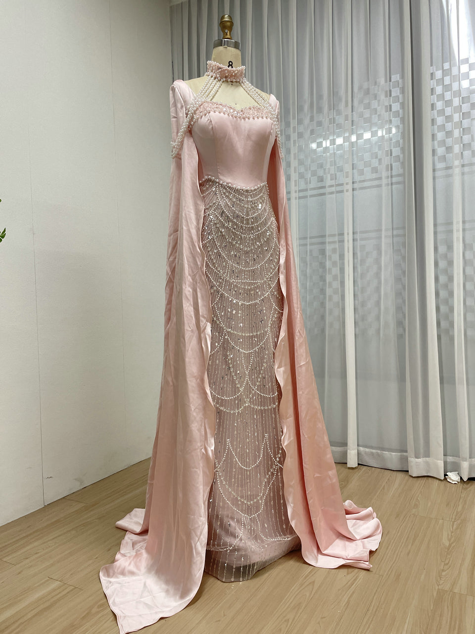Luxury Pearl Beaded Champagne Gown with Satin Train Cape MY30205