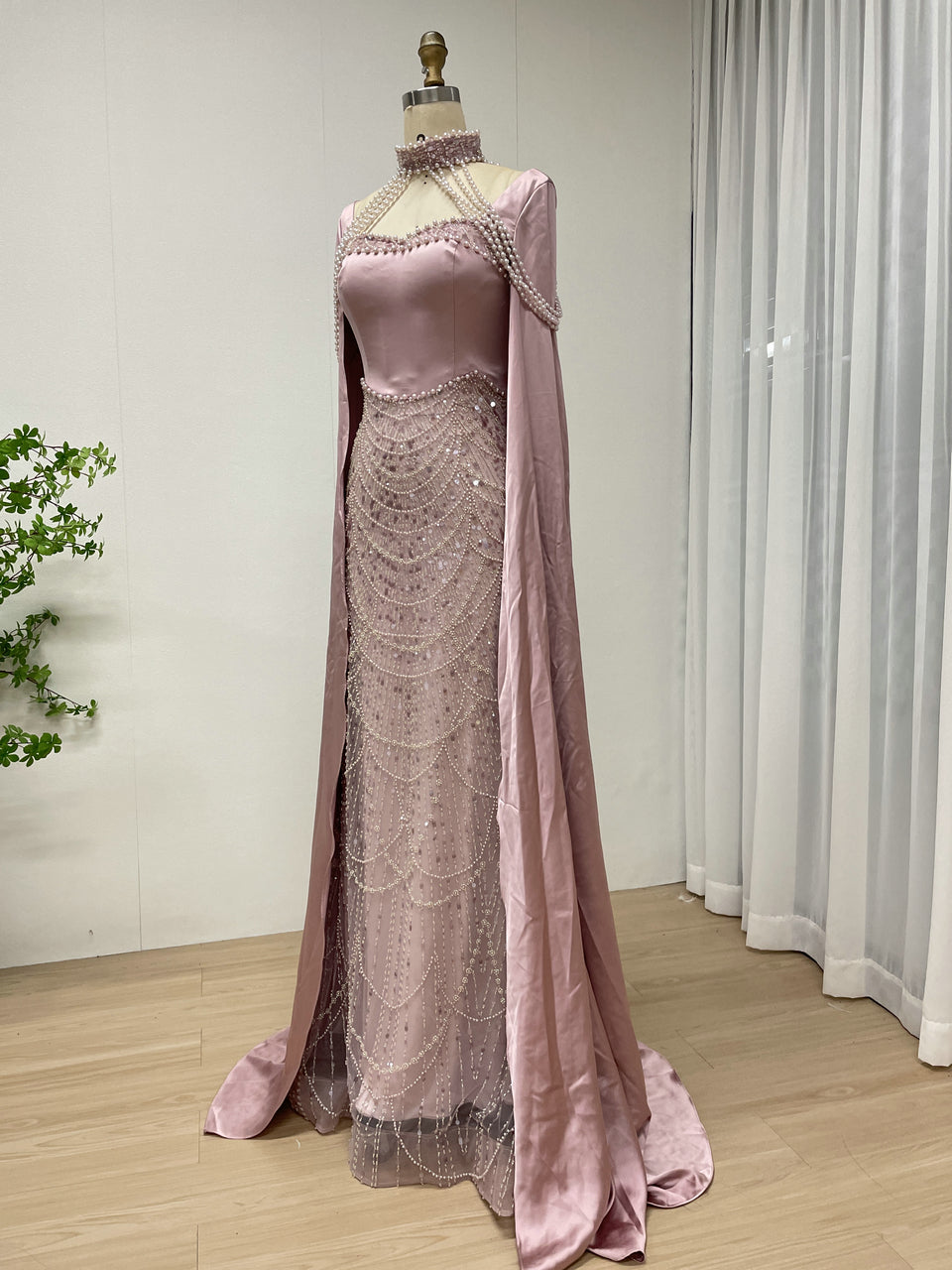 Luxury Pearl Beaded Champagne Gown with Satin Train Cape MY30205