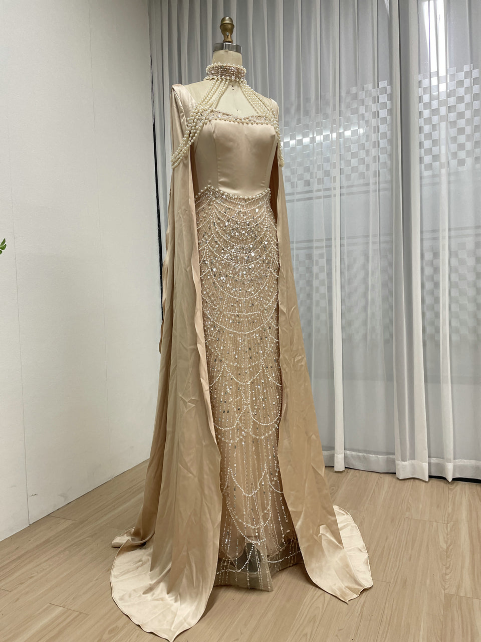 Luxury Pearl Beaded Champagne Gown with Satin Train Cape MY30205