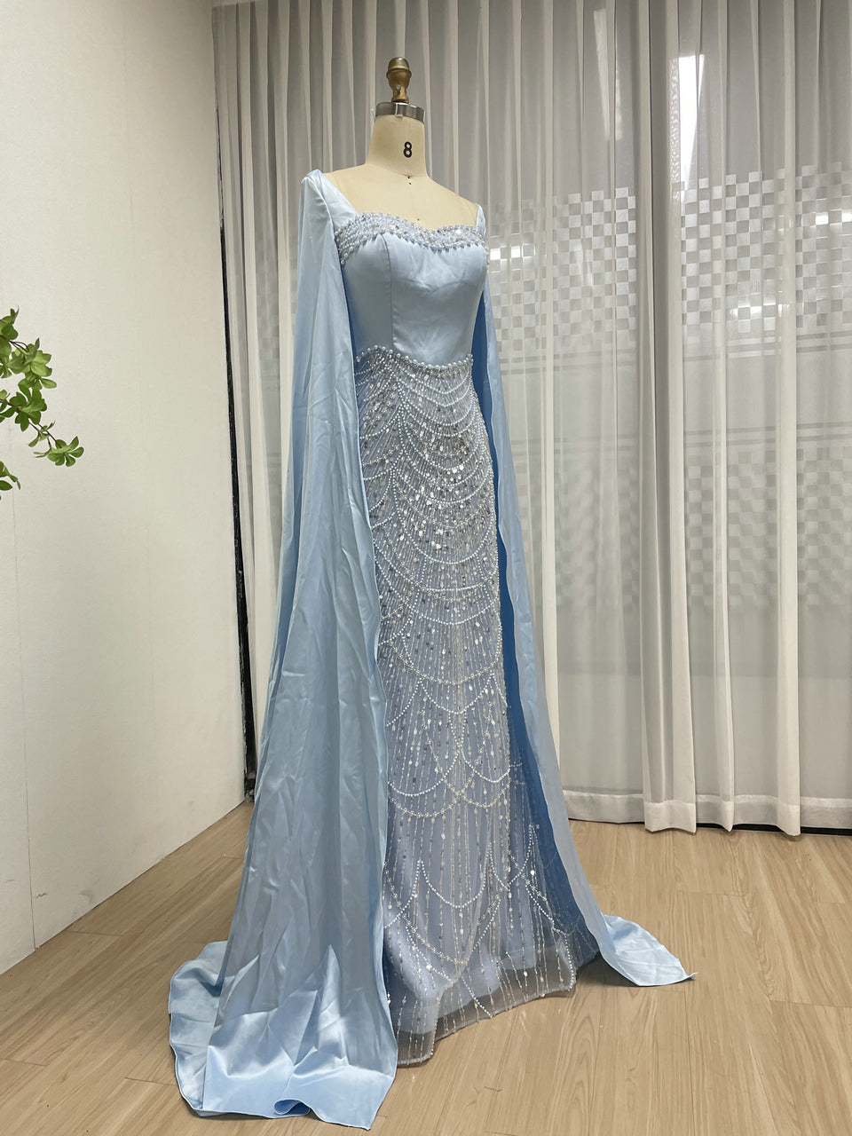 Luxury Pearl Beaded Champagne Gown with Satin Train Cape MY30205