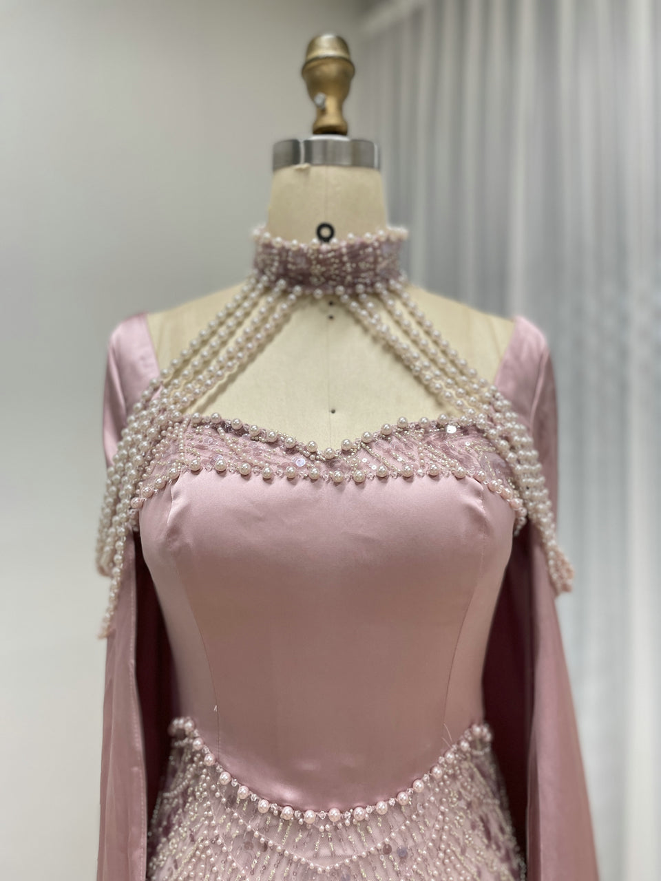 Luxury Pearl Beaded Champagne Gown with Satin Train Cape MY30205