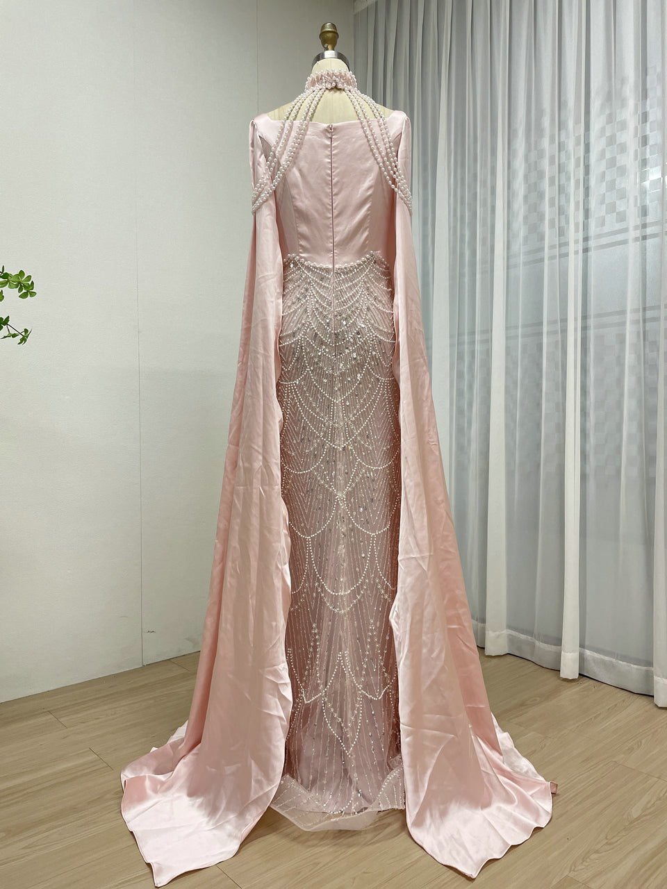 Luxury Pearl Beaded Champagne Gown with Satin Train Cape MY30205