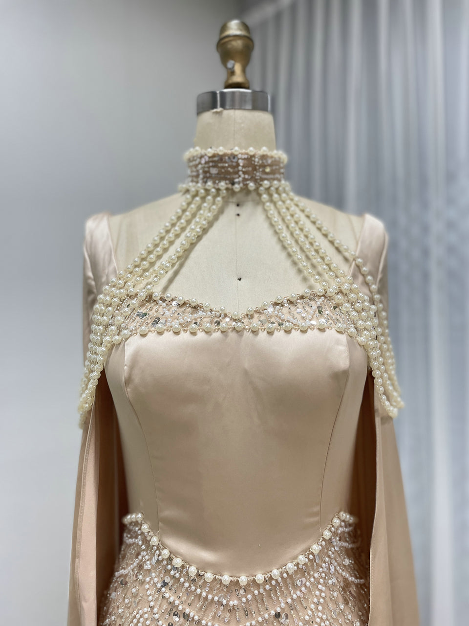 Luxury Pearl Beaded Champagne Gown with Satin Train Cape MY30205