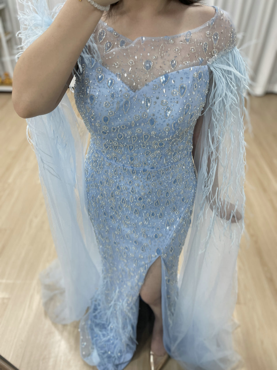 Light Blue Feather Cape Evening Dress with High Slit and Beads MY30206