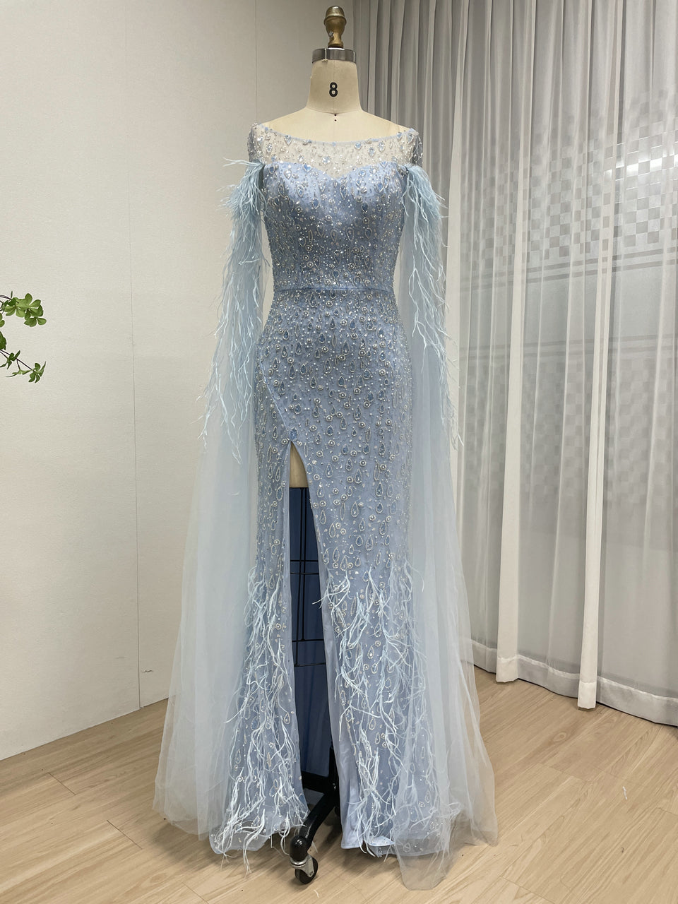 Light Blue Feather Cape Evening Dress with High Slit and Beads MY30206