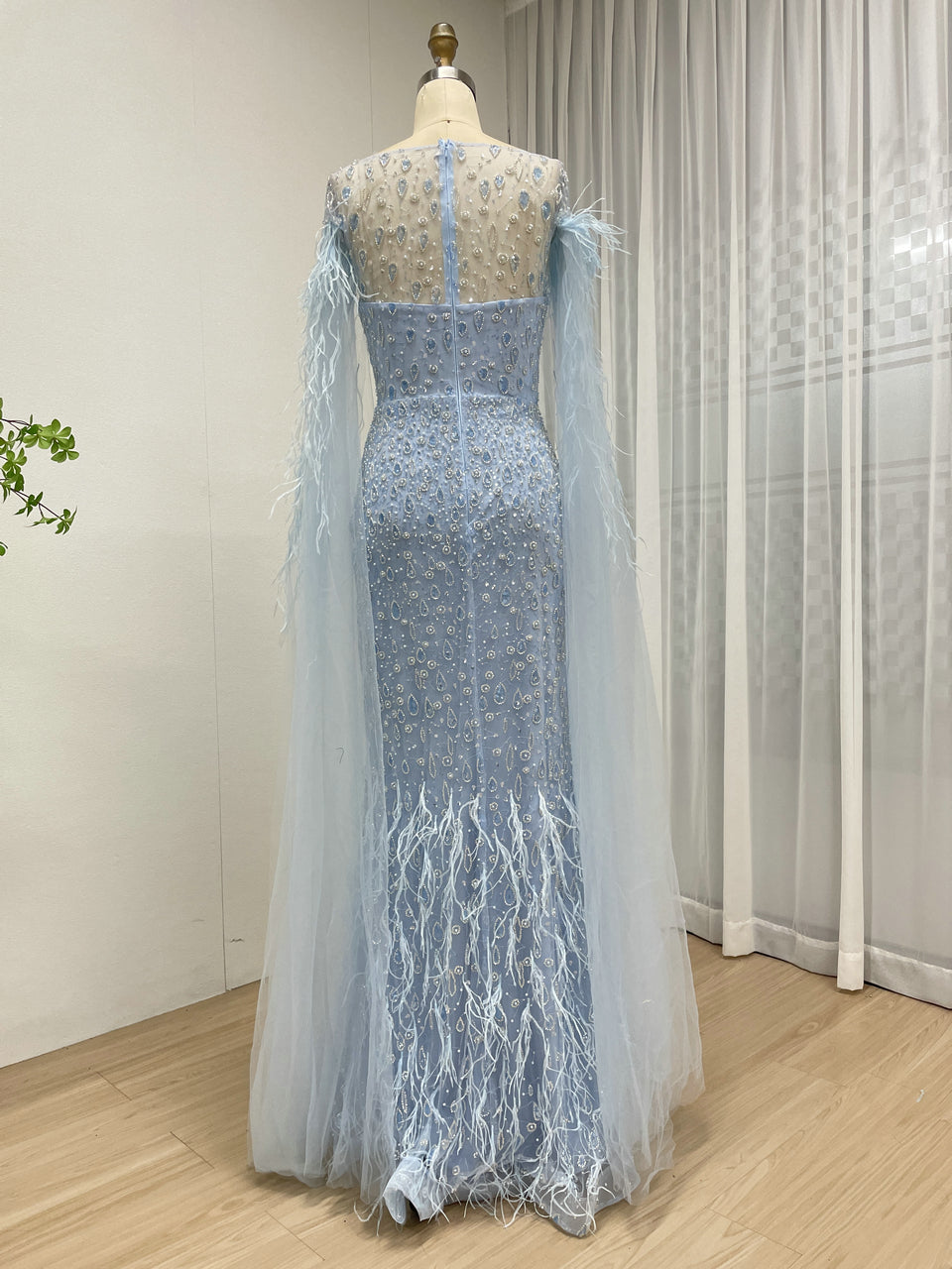 Light Blue Feather Cape Evening Dress with High Slit and Beads MY30206