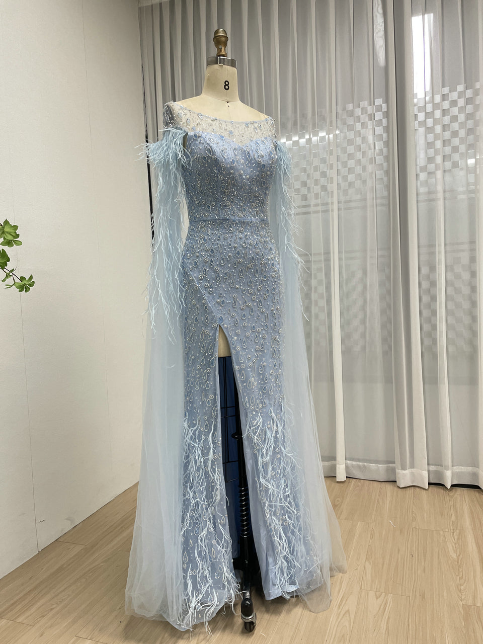 Light Blue Feather Cape Evening Dress with High Slit and Beads MY30206