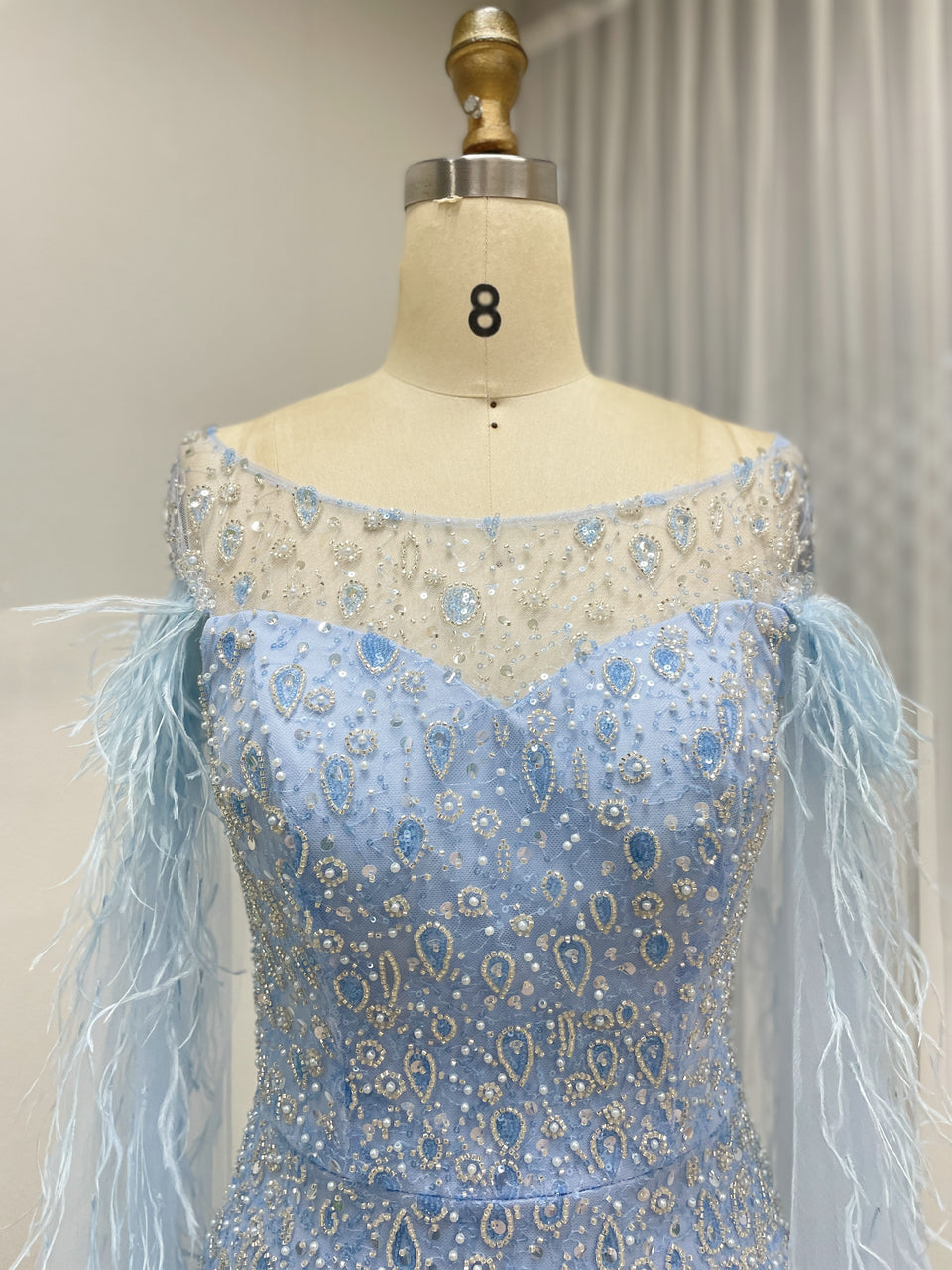Light Blue Feather Cape Evening Dress with High Slit and Beads MY30206
