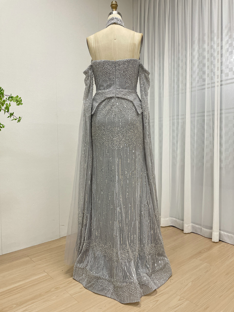 Silver Gray Halter Neck Beaded Gown with Peplum Sheer Cape MY30207