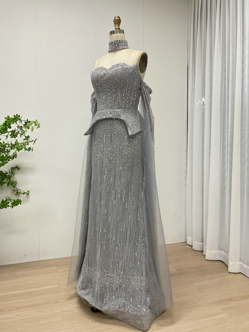 Silver Gray Halter Neck Beaded Gown with Peplum Sheer Cape MY30207