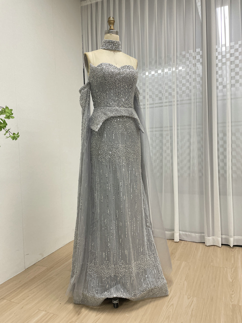 Silver Gray Halter Neck Beaded Gown with Peplum Sheer Cape MY30207