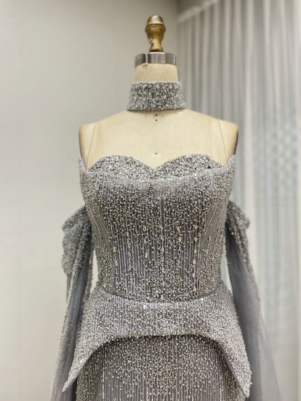 Silver Gray Halter Neck Beaded Gown with Peplum Sheer Cape MY30207
