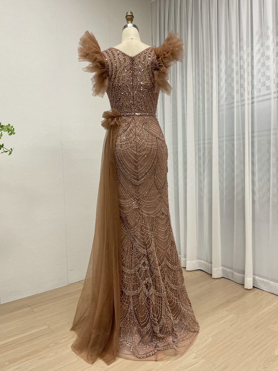 Brown Mermaid Gown with V-Neck and Ruffle Cap Sleeves MY30208